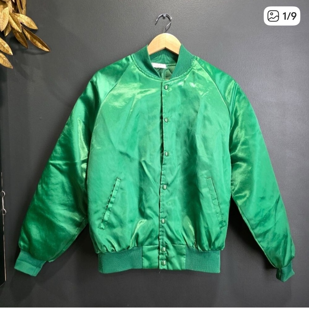 Vintage Mens Satin Kelly Green Bomber Jacket Nylon Sz M Shiny Unisex